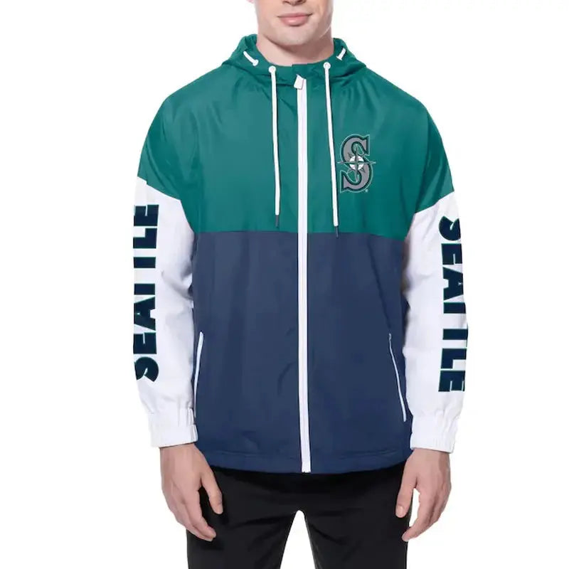 Seattle Mariners Color Block Navy/Aqua Hoodie Windbreaker USA Jackets