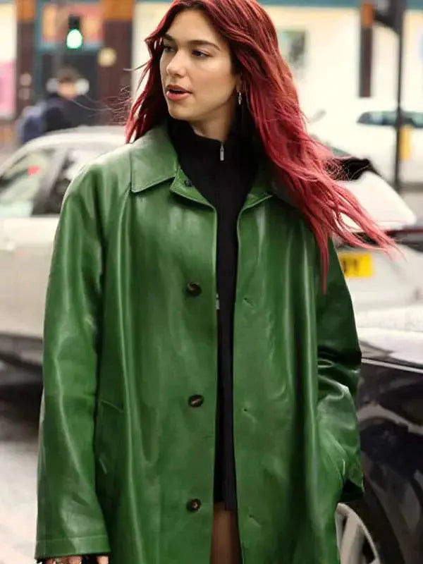 Dua Lipa Green Leather Coat USA Jackets