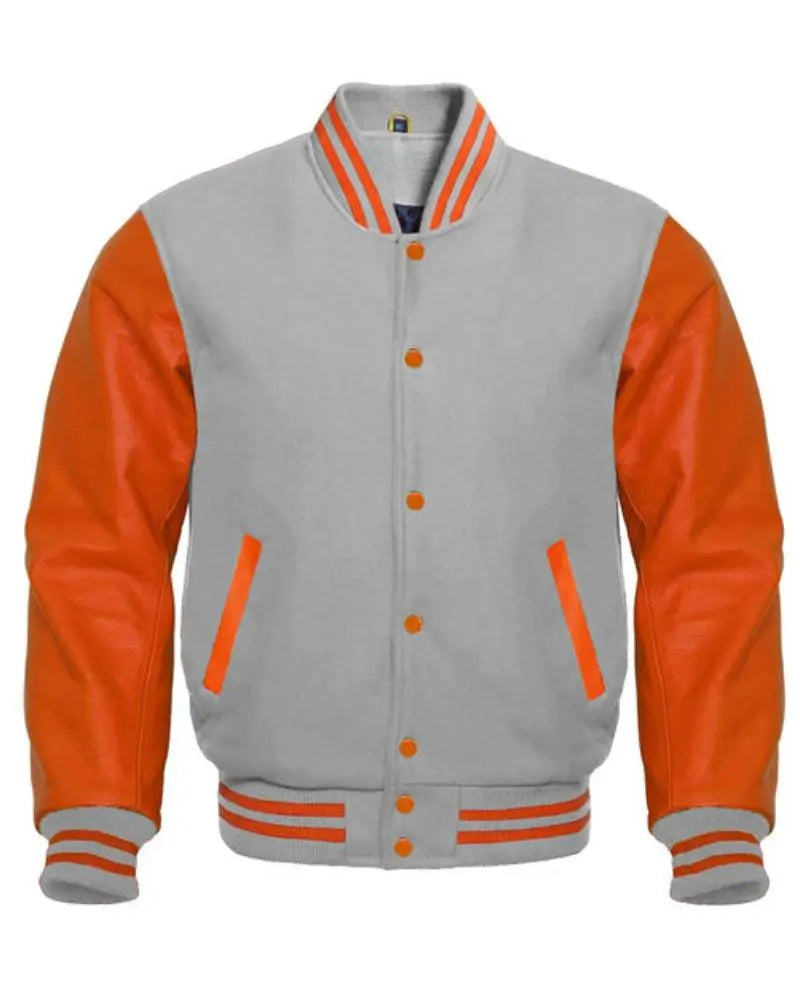 Faux Gray And Orange Varsity Jacket USA Jackets