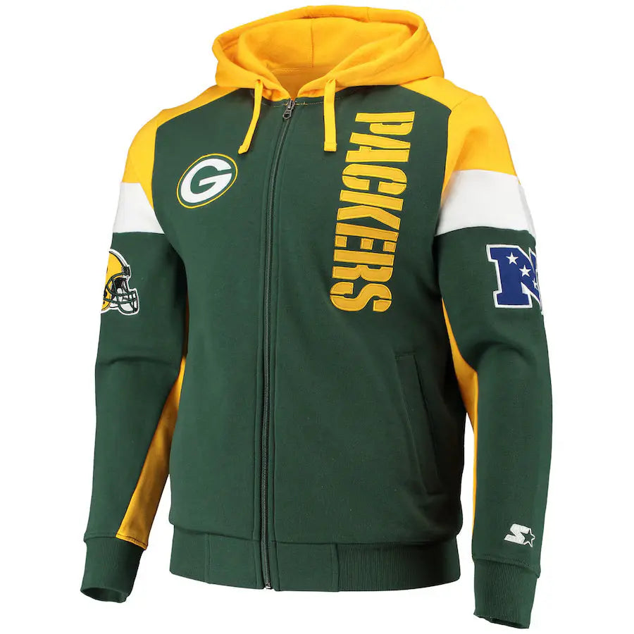 Men's Starter Green/Gold Green Bay Packers Logo Extreme Full-Zip Hoodie - USA Jackets