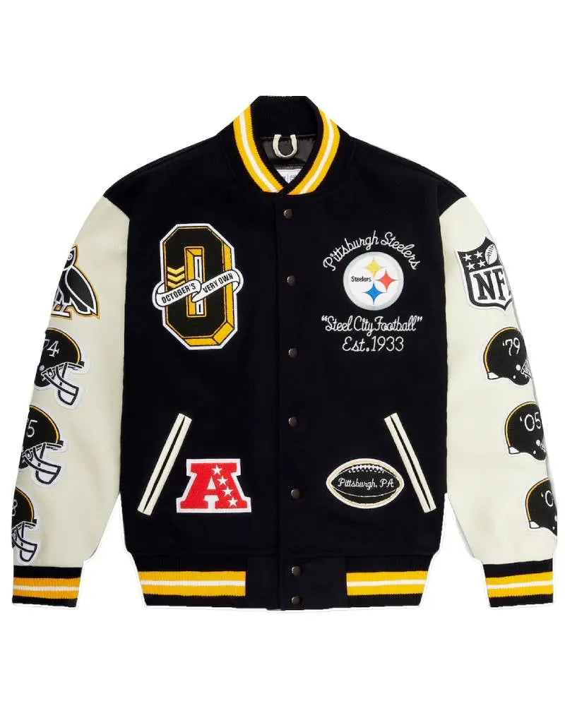 Men’s Pittsburgh Steelers OVO x NFL Black Full-Snap Varsity Jacket USA Jackets