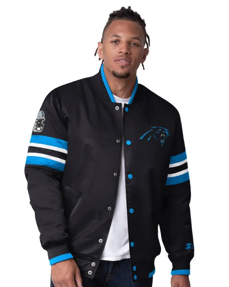 Men’s Starter Black Carolina Panthers Scout Full-Snap Varsity Jacket USA Jackets