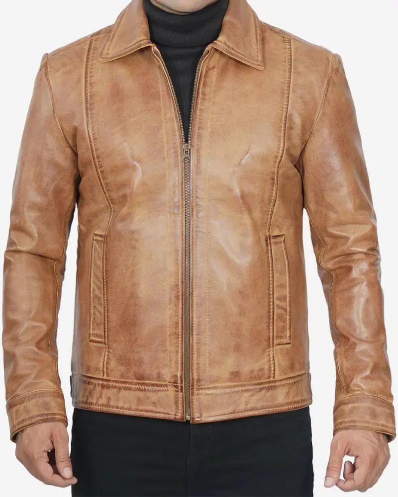 Mens Shirt Collar Yellow Waxed Leather Jacket USA Jackets