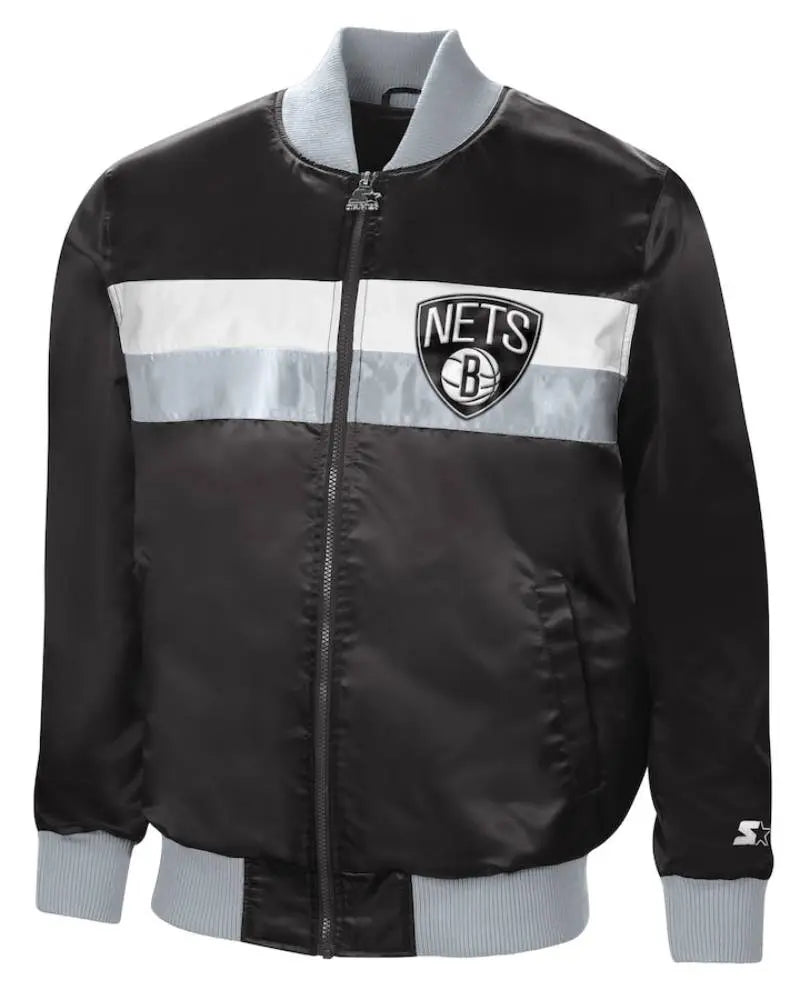 Men’s Brooklyn Nets Starter Black/Silver The Ambassador Satin Full-Zip Jacket USA Jackets