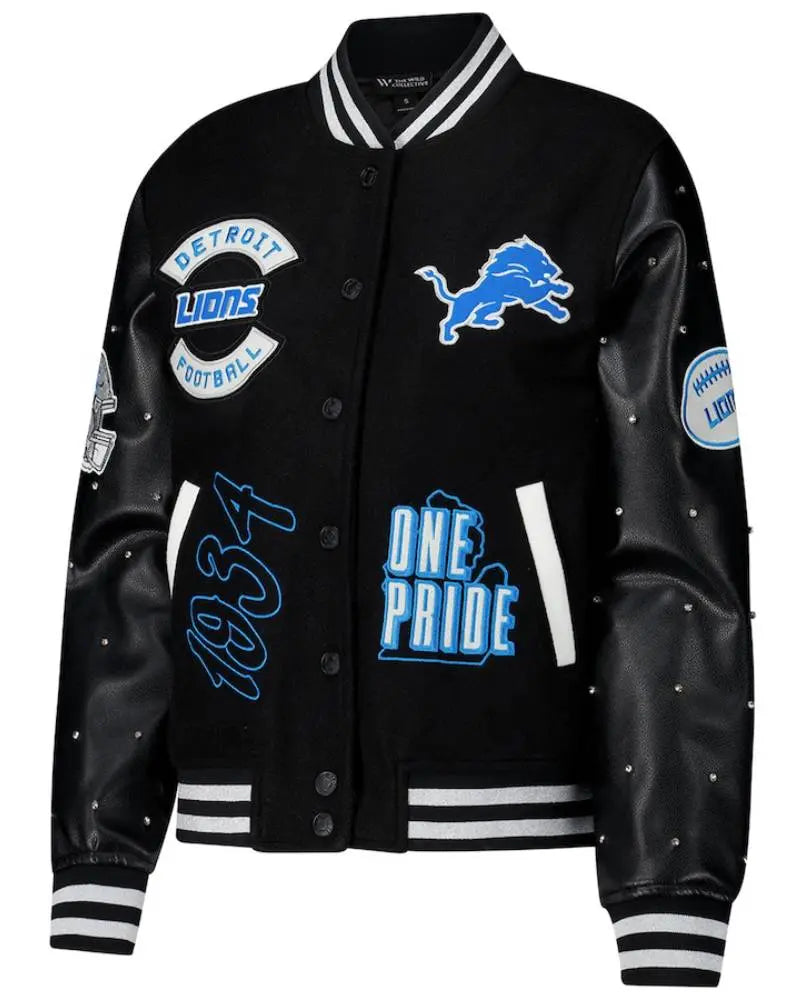 Women’s The Wild Collective Black Detroit Lions Sparkle Full-Snap Varsity Jacket USA Jackets