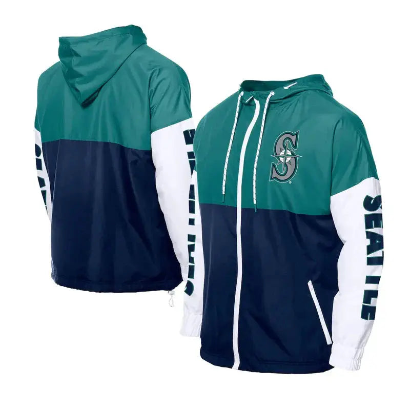 Seattle Mariners Color Block Navy/Aqua Hoodie Windbreaker USA Jackets