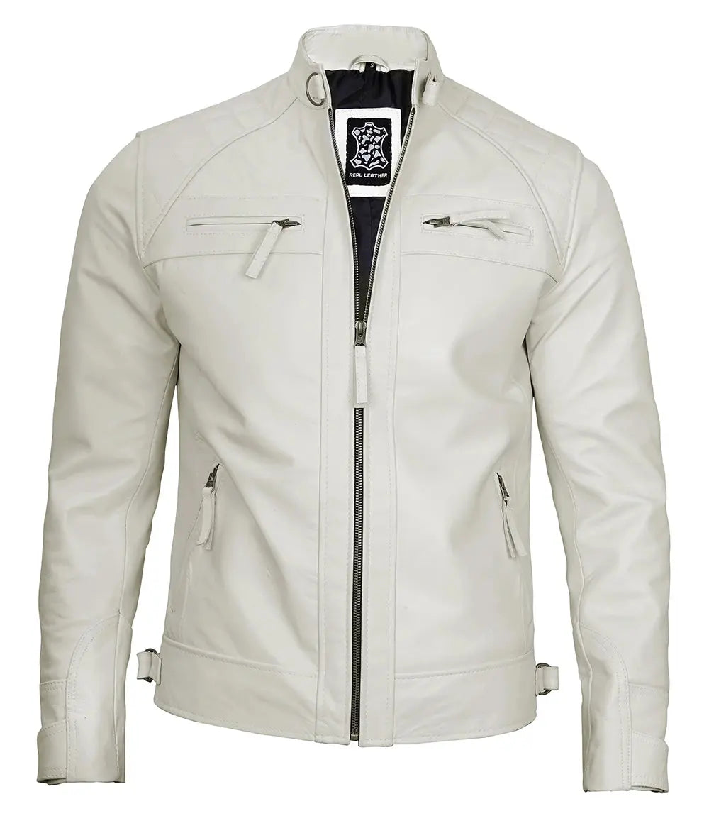 Classic Men's Off White Real Leather Cafe Racer Biker Jacket USA Jackets