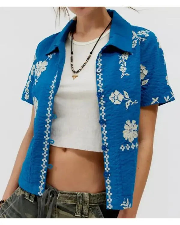 Days of our Lives Felicity Greene Blue Floral Embroidered Shirt USA Jackets