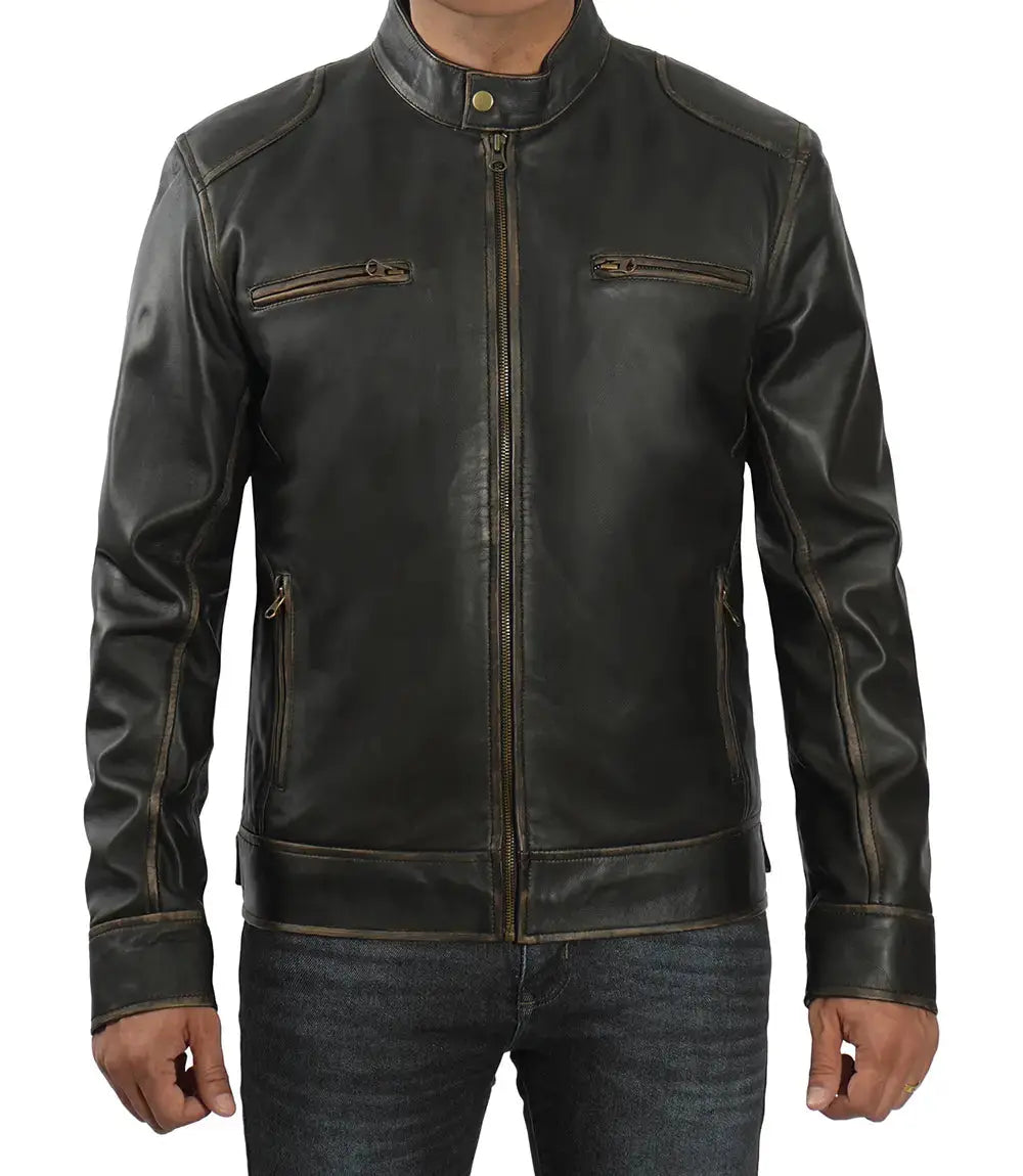 Dodge Tall Men's Rub-off Dark Brown Cafe Racer Leather Jacket USA Jackets