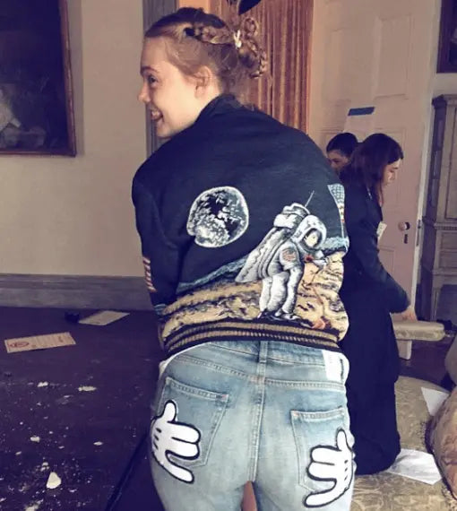 Elle Fanning Saint Laurent Moon Landing Black Varsity Jacket USA Jackets