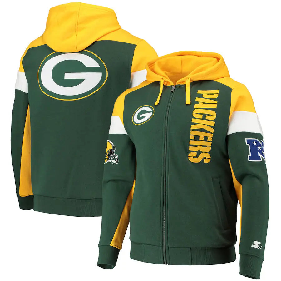 Men's Starter Green/Gold Green Bay Packers Logo Extreme Full-Zip Hoodie - USA Jackets