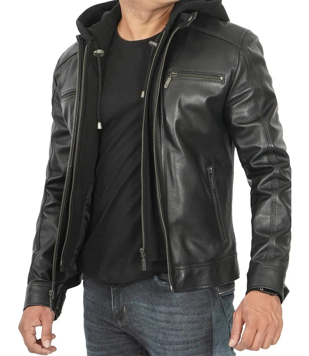 Men Black Leather Racer Jacket with Removable Hoodie USA Jackets