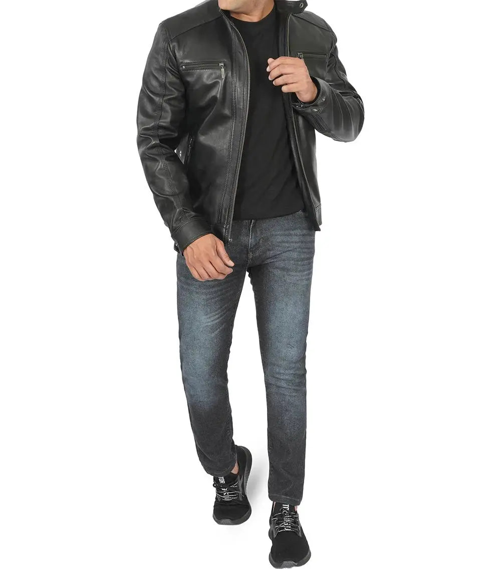 Men Black Leather Racer Jacket with Removable Hoodie USA Jackets