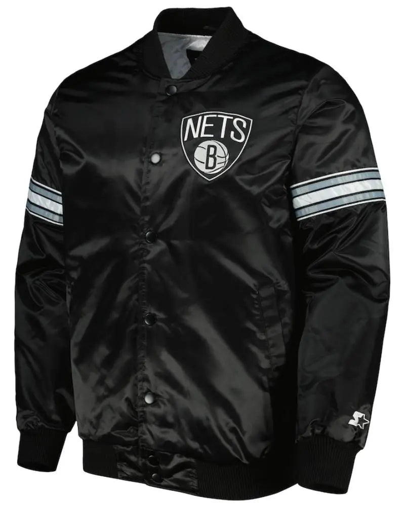 Men’s Brooklyn Nets Starter Black Pick & Roll Satin Full-Snap Varsity Jacket USA Jackets