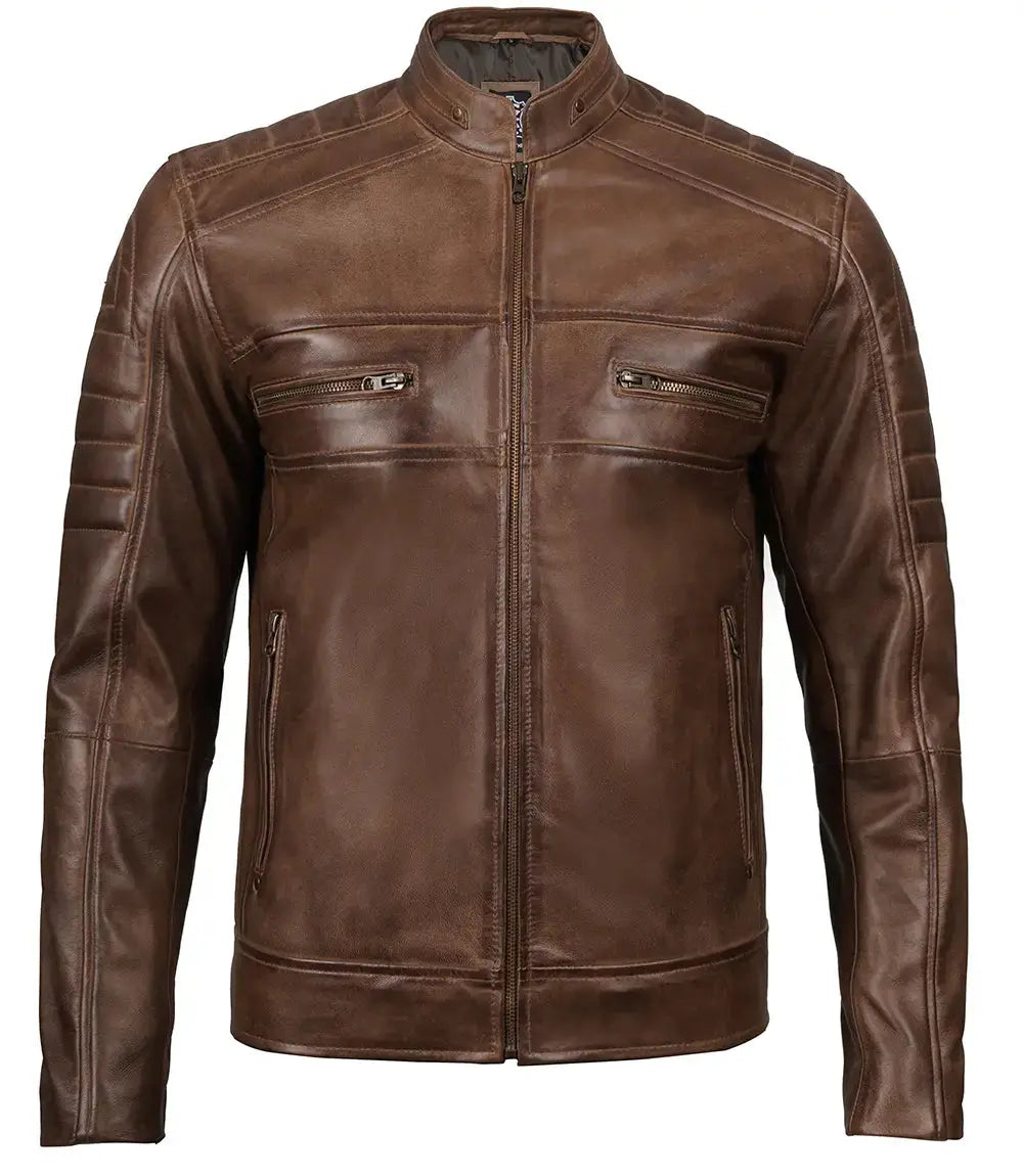 Men's Distressed Coffee Brown Leather Cafe Racer Jacket USA Jackets