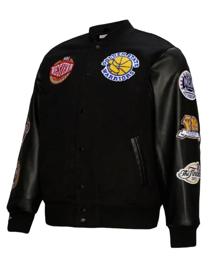 Men’s Golden State Warriors Mitchell & Ness Black Hardwood Classics Blackout Collection Full-Snap Varsity Jacket USA Jackets