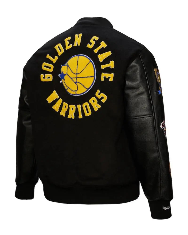 Men’s Golden State Warriors Mitchell & Ness Black Hardwood Classics Blackout Collection Full-Snap Varsity Jacket USA Jackets