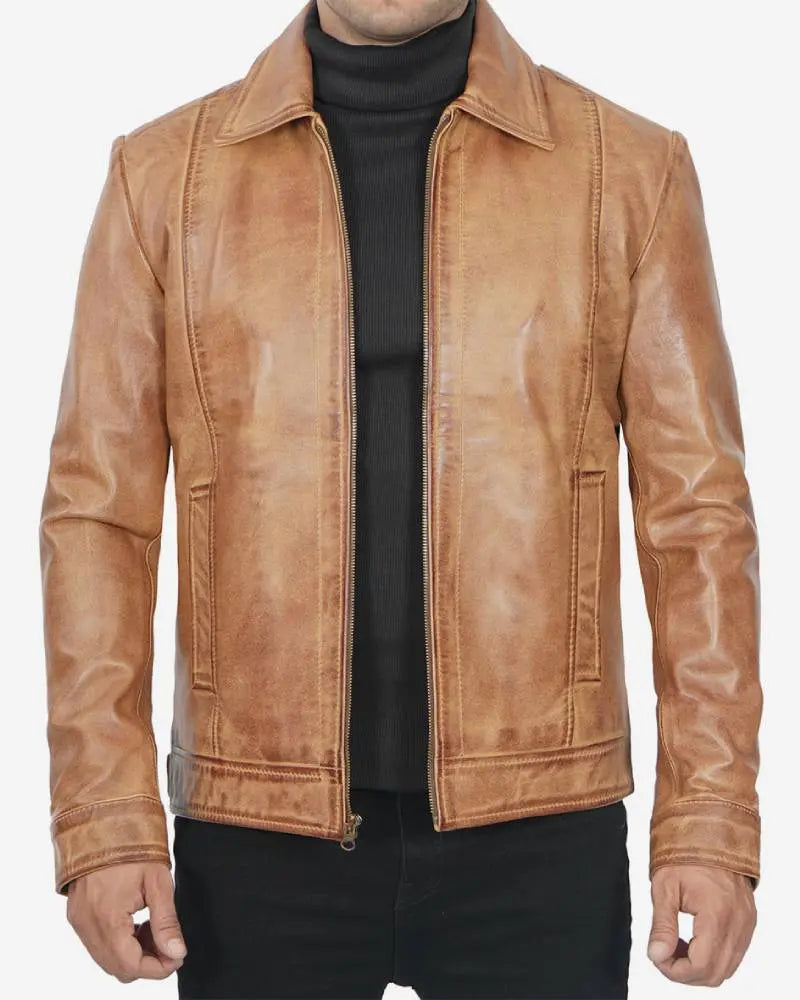 Mens Shirt Collar Yellow Waxed Leather Jacket USA Jackets