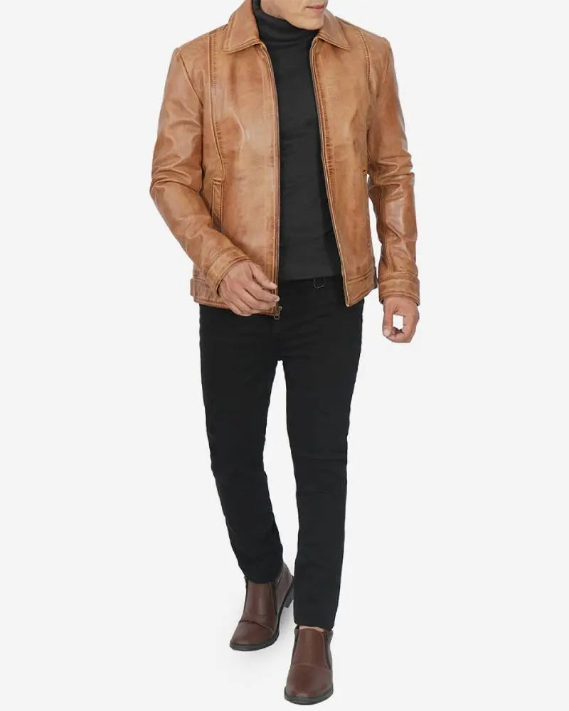 Mens Shirt Collar Yellow Waxed Leather Jacket USA Jackets