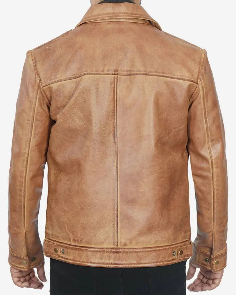 Mens Shirt Collar Yellow Waxed Leather Jacket USA Jackets