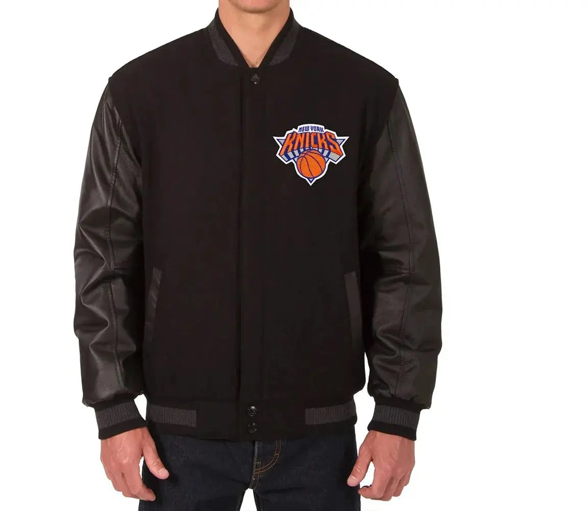 NY Knicks Black Wool And Leather Varsity Jacket USA Jackets