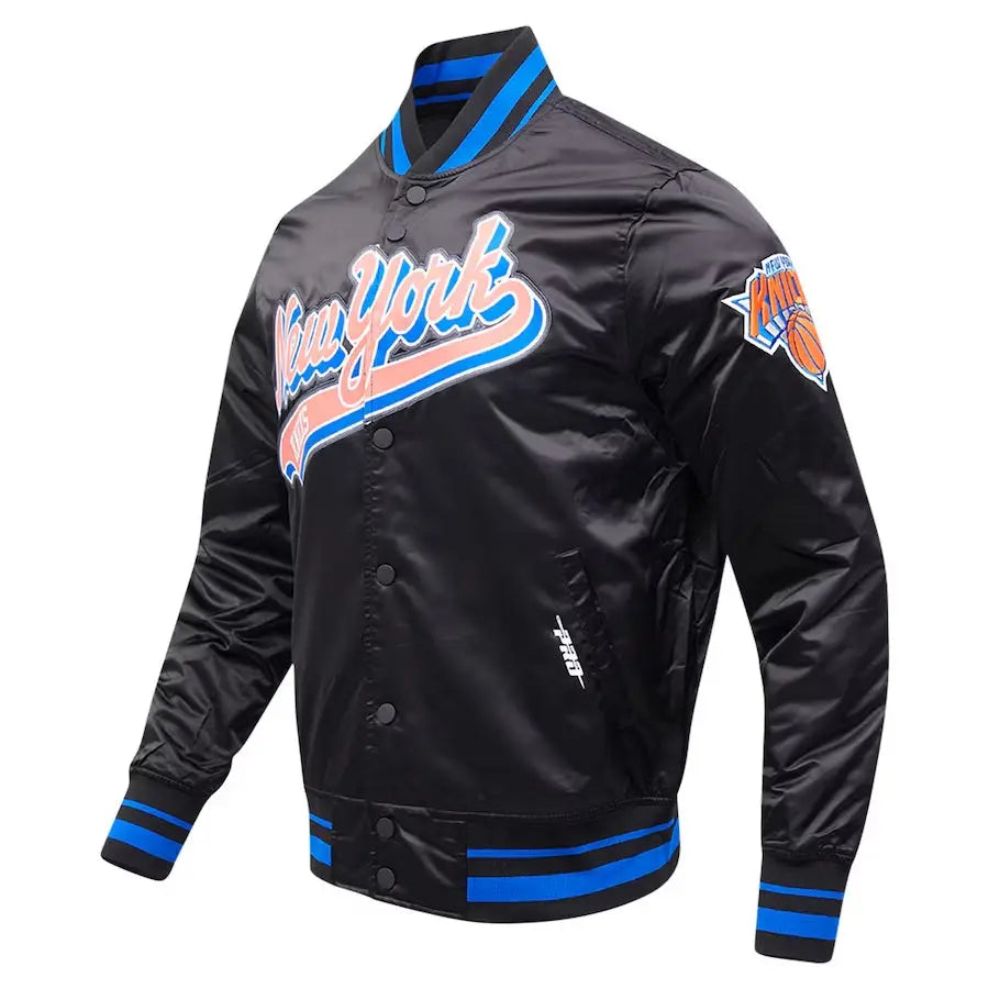 New York Knicks Script Tail Satin Varsity Jacket USA Jackets