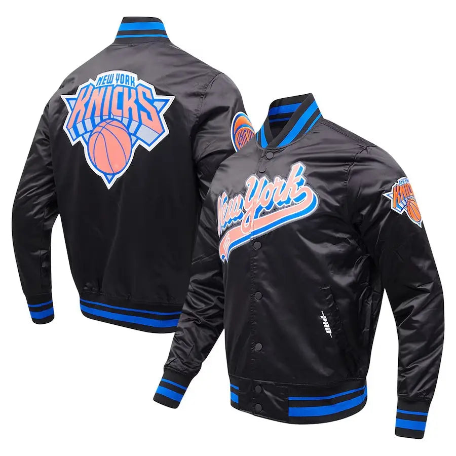 New York Knicks Script Tail Satin Varsity Jacket USA Jackets