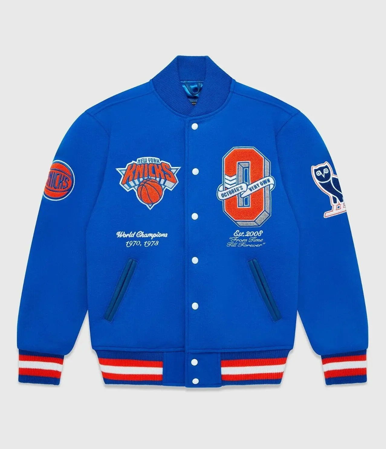 OVO x NBA New York Knicks Blue Varsity Jacket USA Jackets
