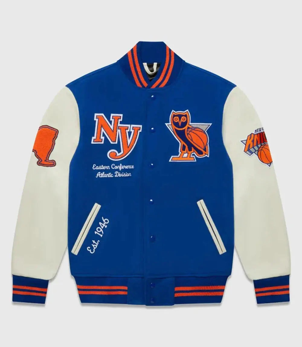 OVO x NBA New York Knicks Blue Varsity Jacket USA Jackets