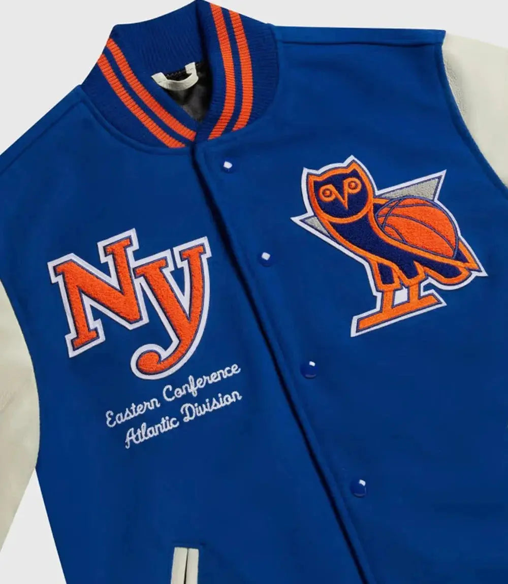 OVO x NBA New York Knicks Blue Varsity Jacket USA Jackets