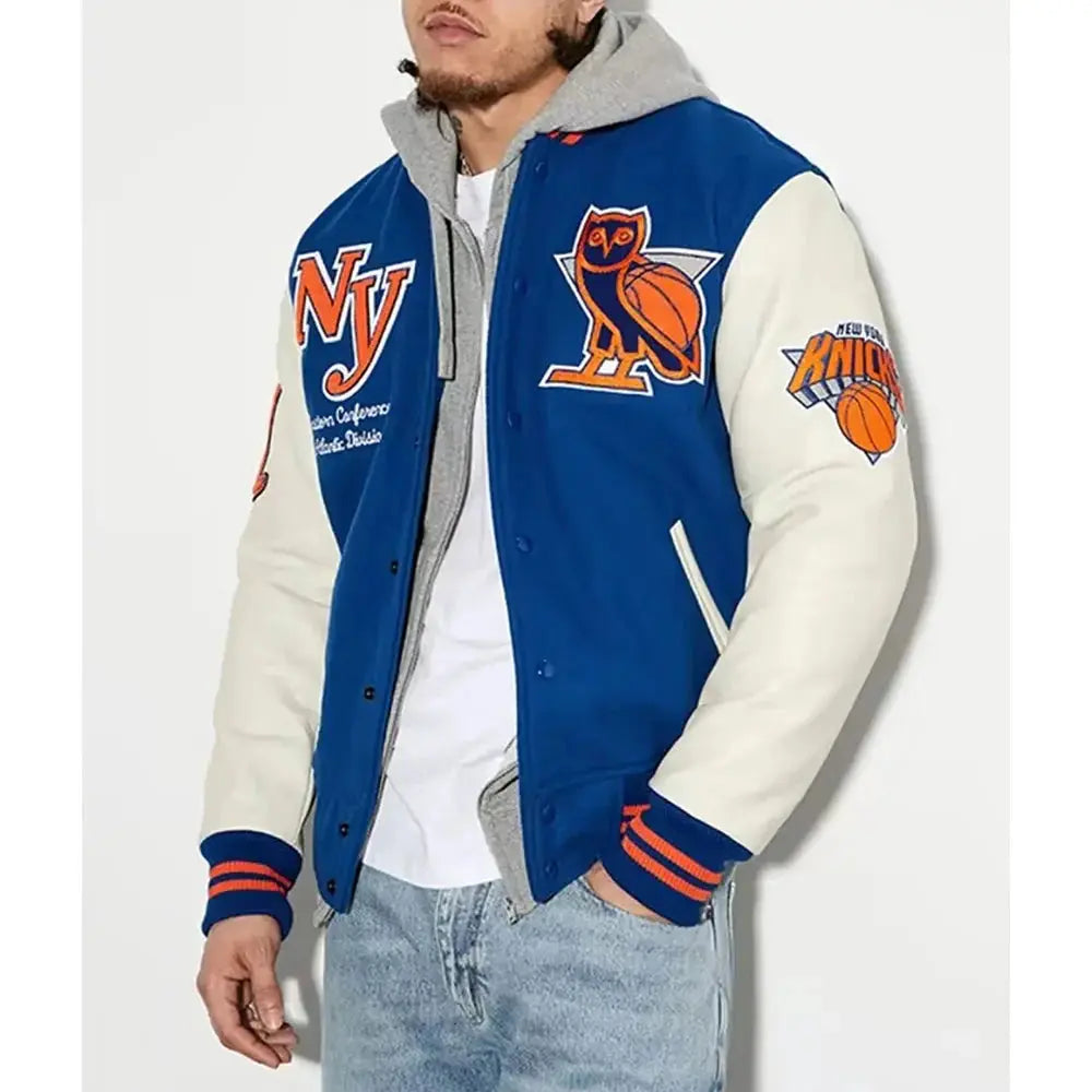 OVO x NBA New York Knicks Blue Varsity Jacket USA Jackets