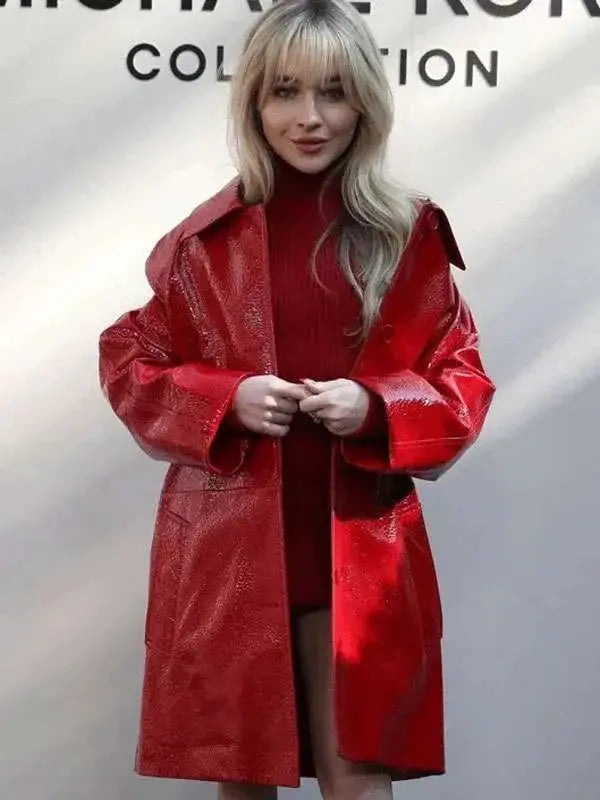 Sabrina Carpenter NYFW Red Leather Coat USA Jackets