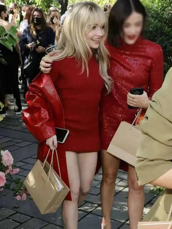 Sabrina Carpenter NYFW Red Leather Coat USA Jackets