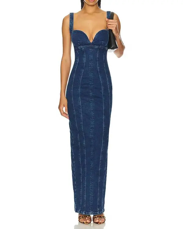 The McBee Dynasty Calah Jackson Blue Denim Maxi Dress USA Jackets