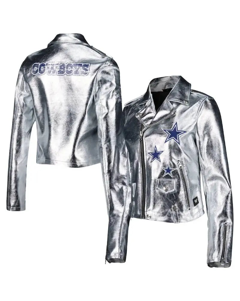 Women’s Dallas Cowboys The Wild Collective Silver Studded Full-Zip Leather Jacket USA Jackets