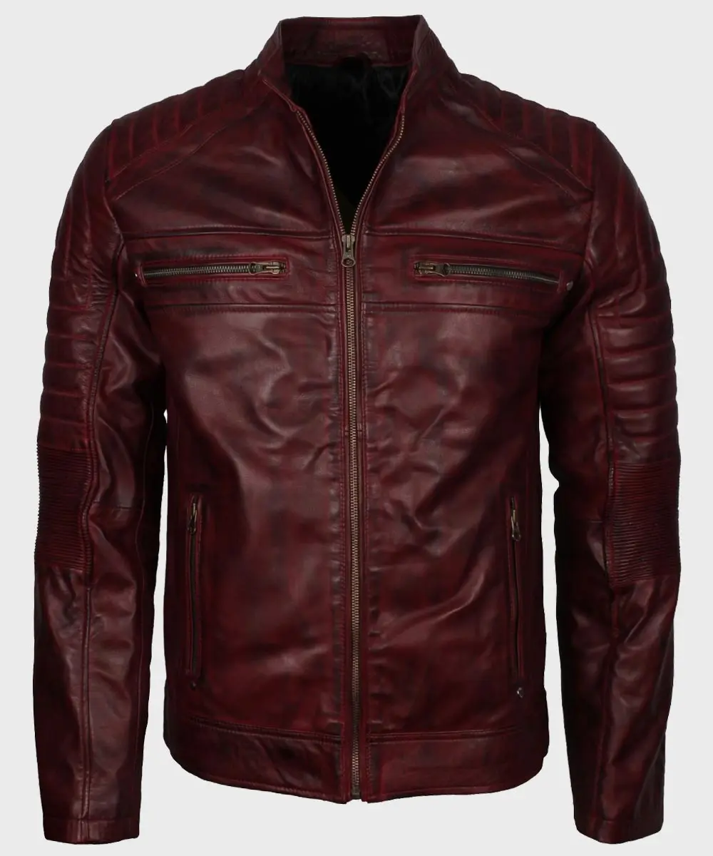 Mens Vintage Cafe Racer Maroon Waxed Leather Jacket