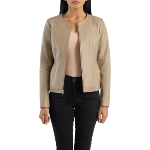 Elixir Beige Collarless Leather Jacket