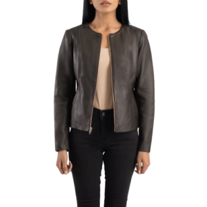 Elixir Brown Collarless Leather Jacket