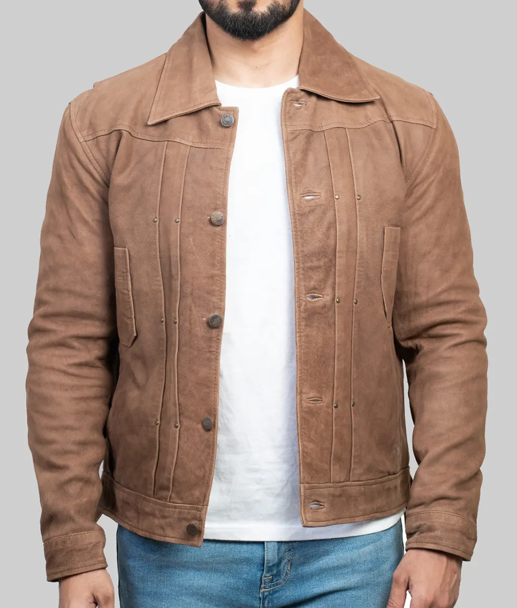 Garry Mens Brown Distressed Suede Trucker Jacket