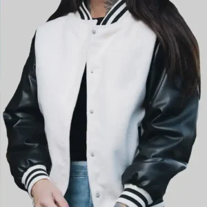 Mandy Women’s Black and White Leather Varsity Jacket