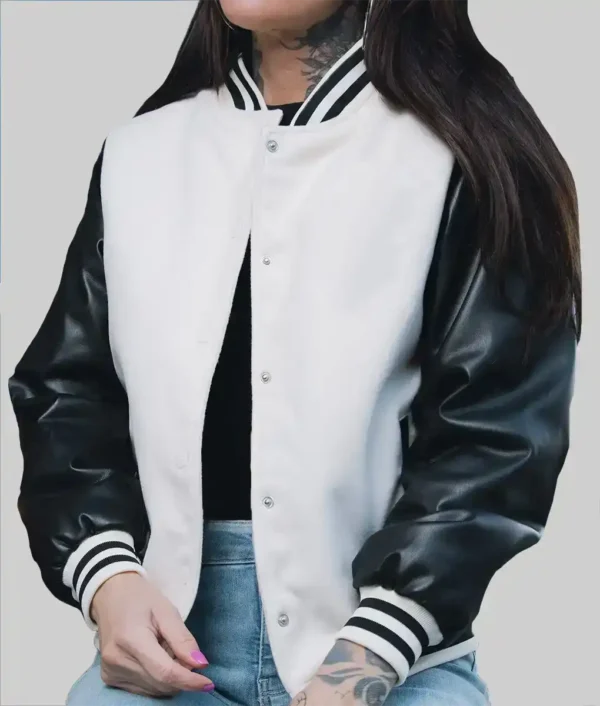 Mandy Women’s Black and White Leather Varsity Jacket