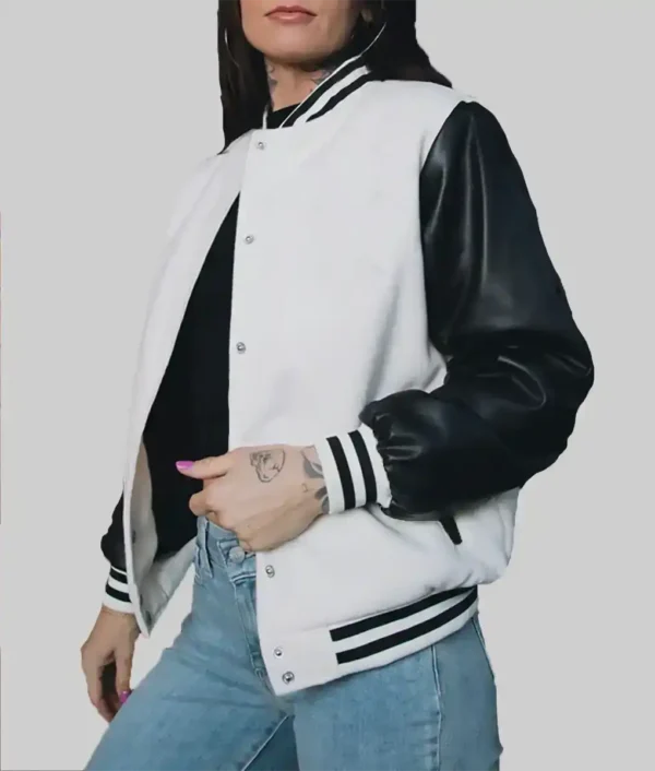 Mandy Women’s Black and White Leather Varsity Jacket