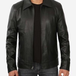 Mens Shirt Collar Classic Black Leather Jacket