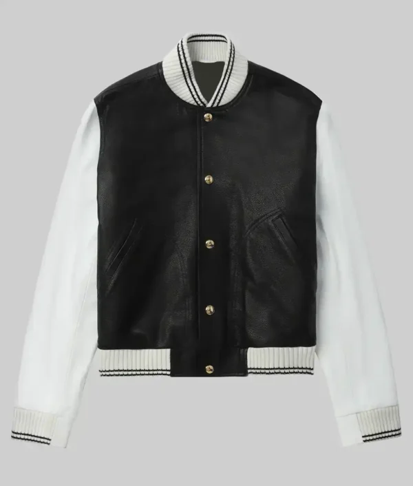 Sarah Women’s Black and White Leather Varsity Jacket