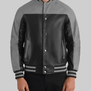 Mack Men’s Grey and Black Leather Varsity Jacket