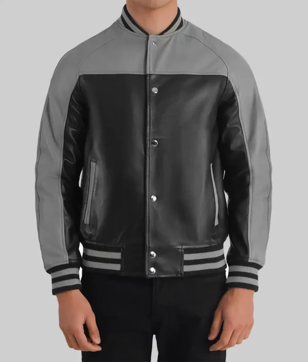 Mack Men’s Grey and Black Leather Varsity Jacket