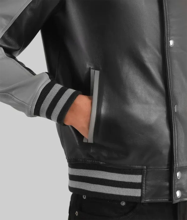 Mack Men’s Grey and Black Leather Varsity Jacket