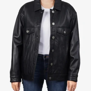 Womens Black Lambskin Leather Oversized Trucker Jacket