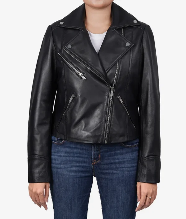 Women Black Lambskin Leather Relaxed Fit Moto Jacket - Image 2