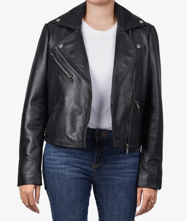 Women Black Lambskin Leather Relaxed Fit Moto Jacket